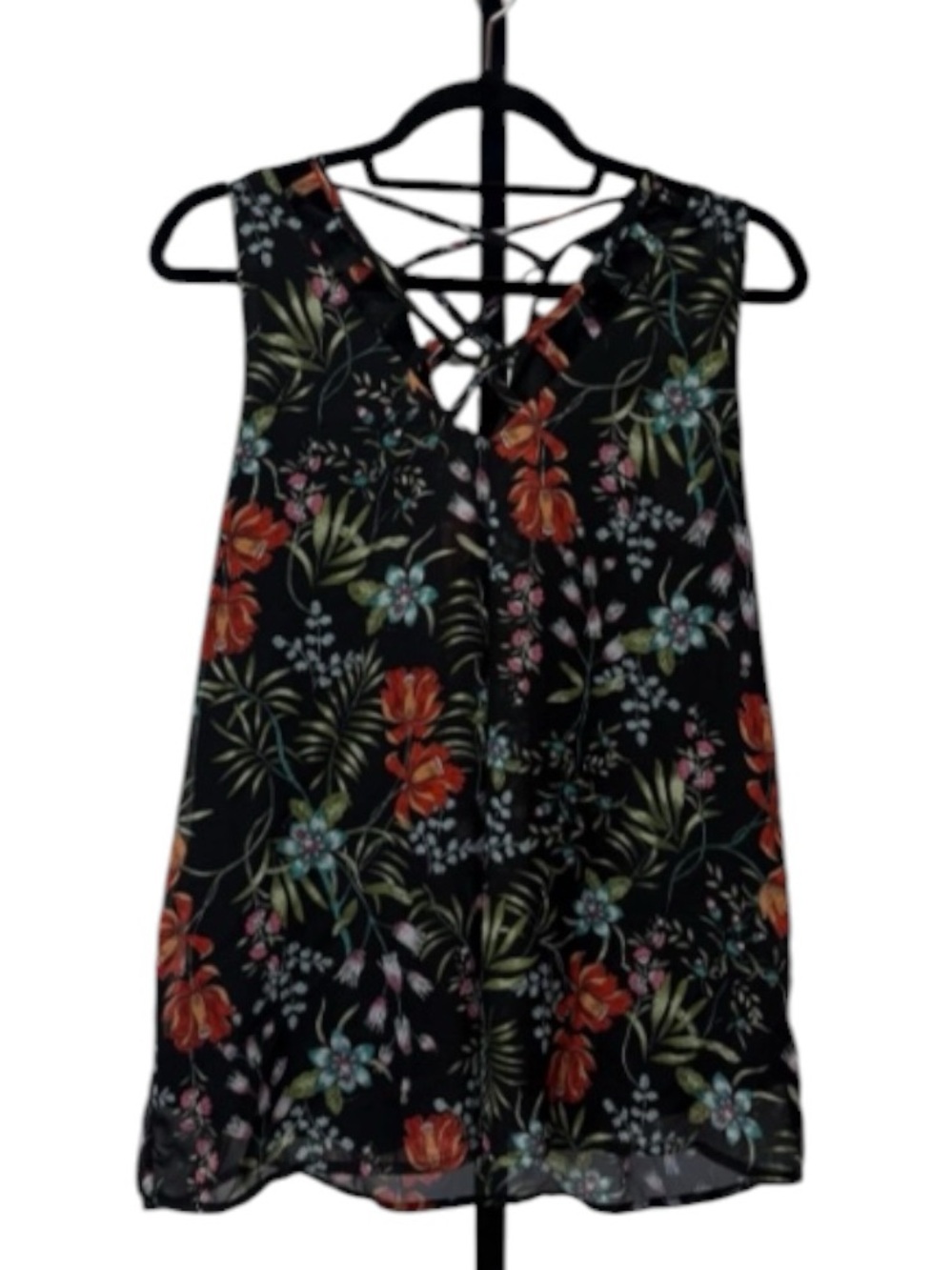Faith and Joy Black Floral Lace-Up V-Neck Tank